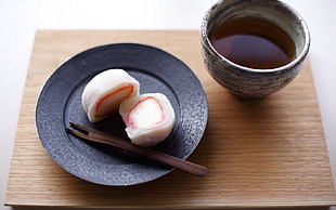 two white sushi on black ceramic plate HD wallpaper