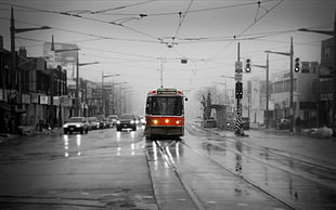 red tram train, street, urban, Toronto, selective coloring HD wallpaper