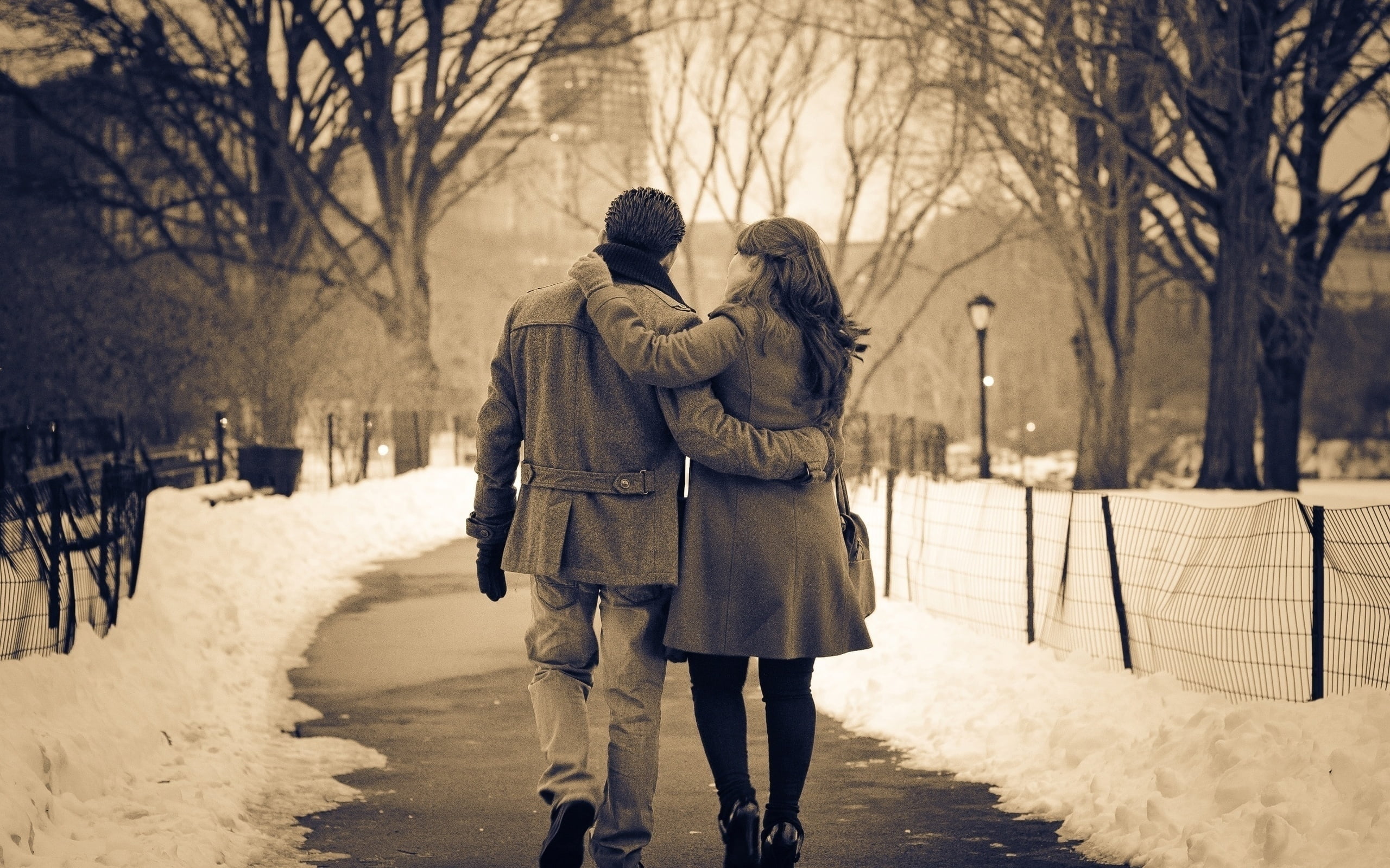 Couple holding each other on road between snow floor sepia tone photography  HD wallpaper | Wallpaper Flare