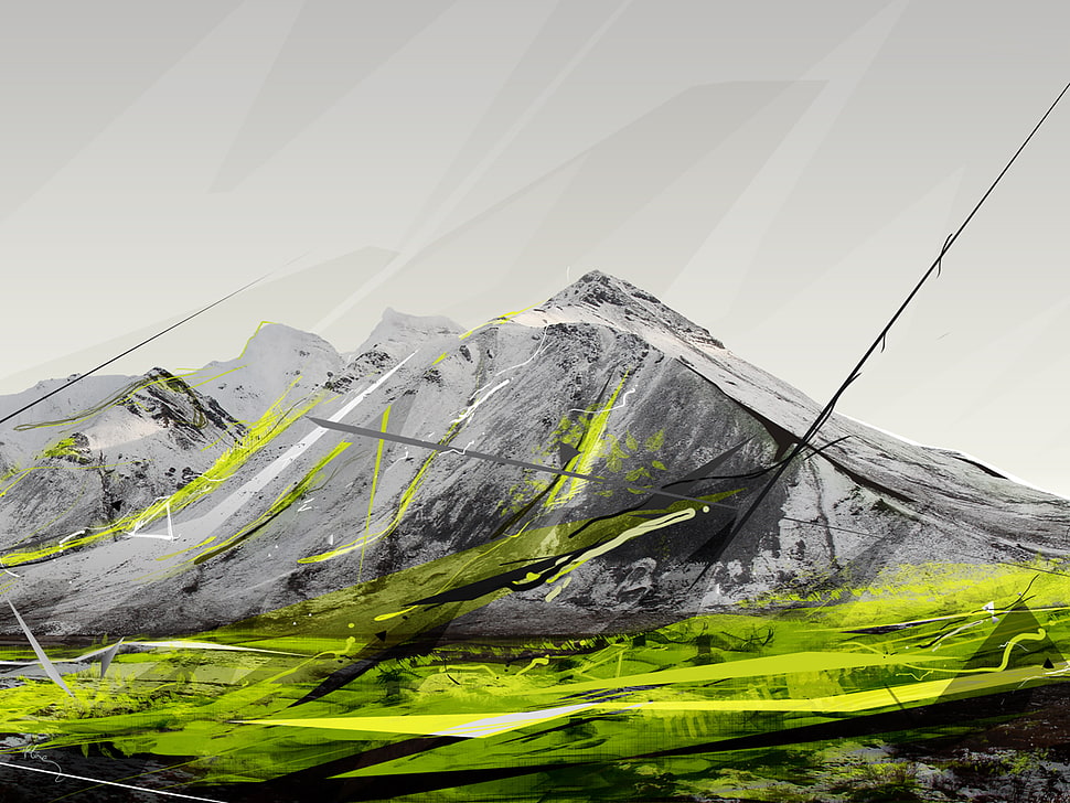 gray and green mountain painting, landscape HD wallpaper