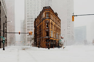 brown concrete building, snow, USA, street, winter HD wallpaper