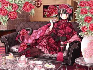 female anime sitting on couch illustration HD wallpaper