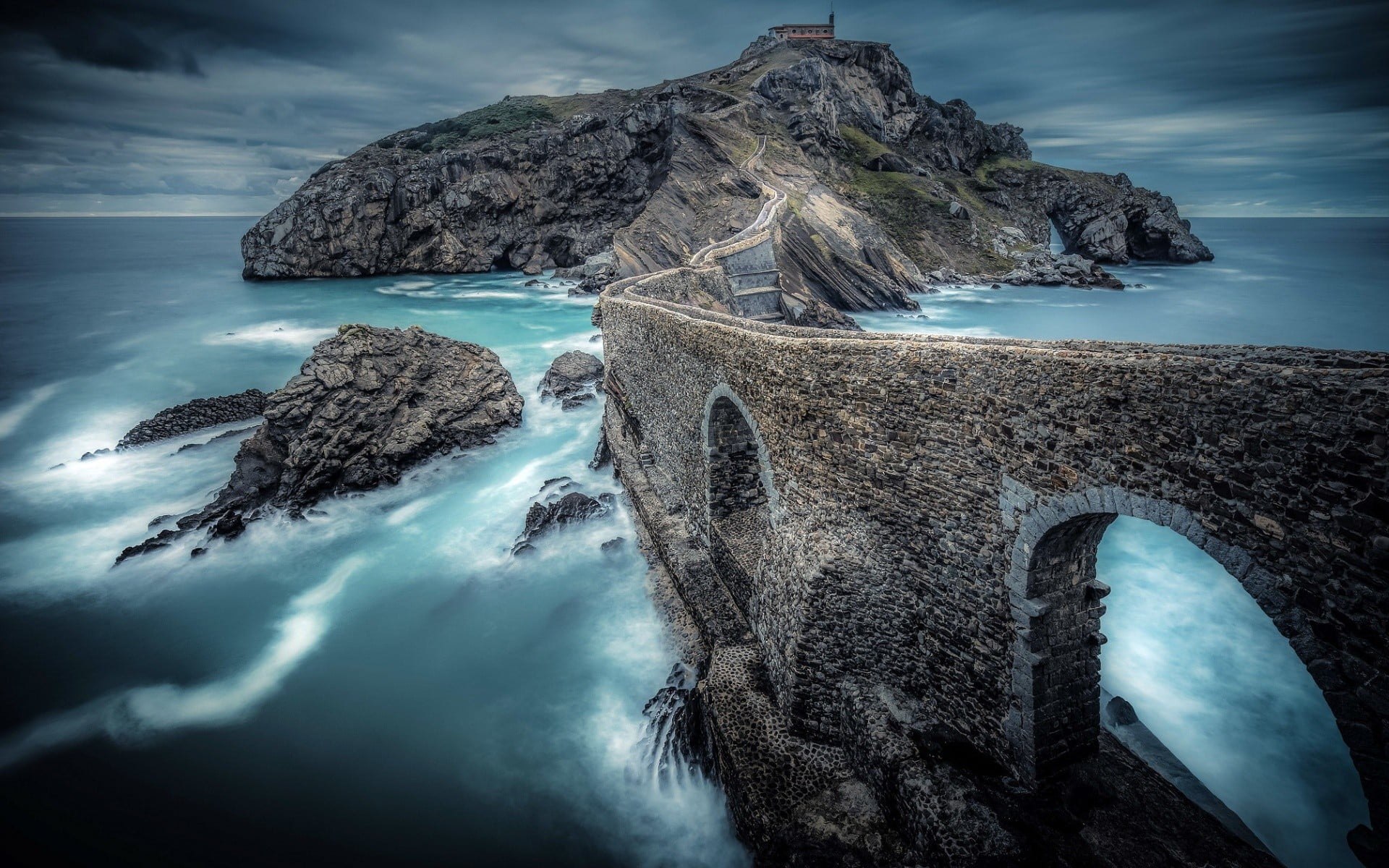 road surrounded by body of water, Spain, sea, San Juan de Gaztelugatxe, HDR