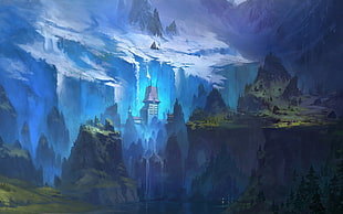 gray temple wallpaper, artwork, fantasy art