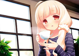 animated peach-colored-haired girl holding white teacup near black metal-framed windows HD wallpaper
