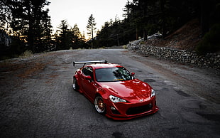 red car, car, road, Scion FR-S