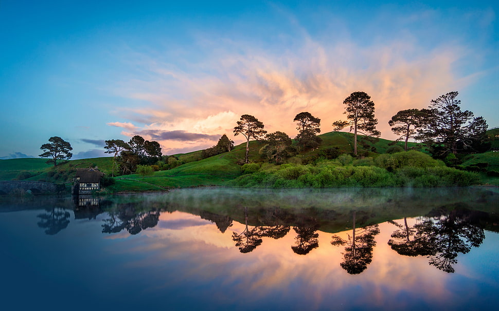 landscape photography of body of water and green plants, New Zealand, landscape, Hobbiton, sunset HD wallpaper