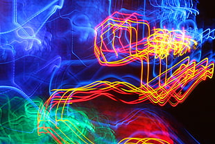 yellow and red LED light, long exposure, light painting, colorful, digital art HD wallpaper