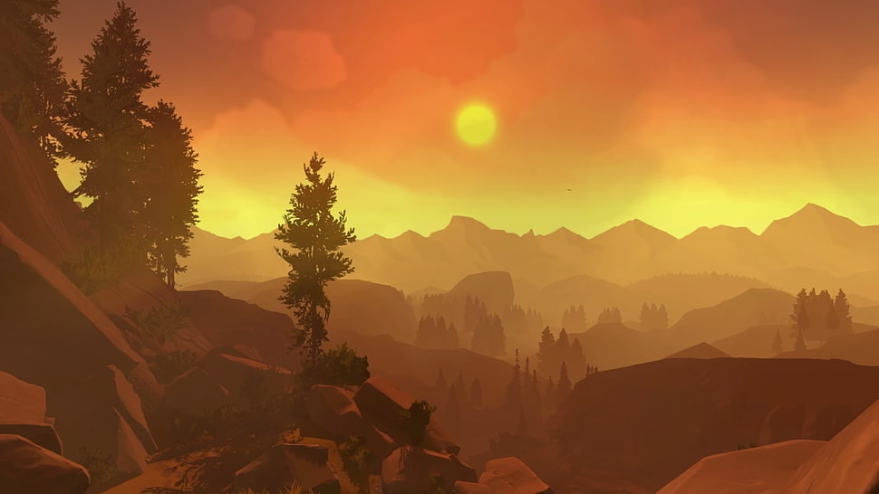 Illustration of mountains and trees, Firewatch, in-game, sunlight ...