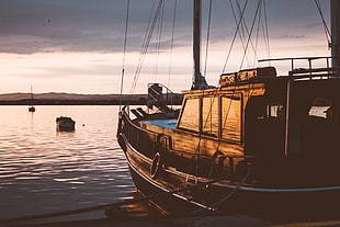 brown fishing boat, Sailboat, Sunset, Sea HD wallpaper