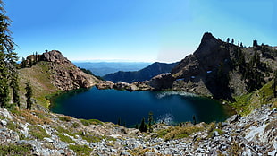 water surrounded by tree and mountain, nature, landscape, mountains, trees