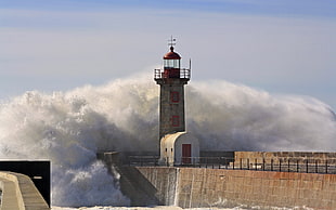 gray and red lighthouse, lighthouse, waves, storm, sea HD wallpaper