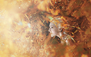 blonde haired woman lying on brown flower field HD wallpaper