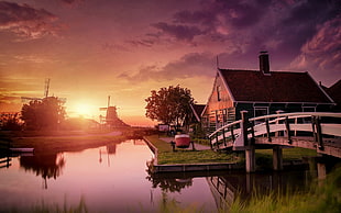 bridge and house illustration, nature, landscape, Netherlands, sunset HD wallpaper