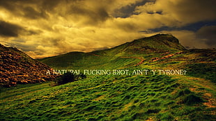 green mountain hill with text overlay, fuckscape HD wallpaper