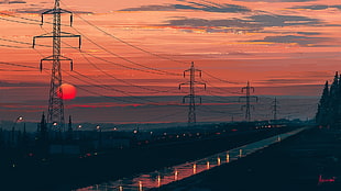 city scape view, Aenami, sunset, rain, digital art HD wallpaper