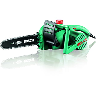 green and black Bosch corded chainsaw against white background HD wallpaper