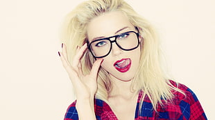 woman wearing black-framed eyeglasses and red lipstick HD wallpaper