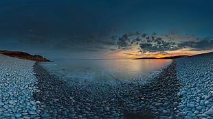 body of water, beach, sunset, rock, sea