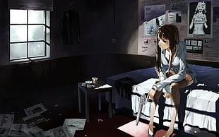 black haired female anime character sitting on bed digital wallpaper