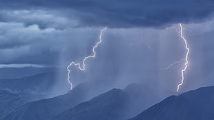 lightning struck unto mountains during nighttime, nature, landscape, hills, mountains HD wallpaper