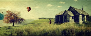 red and black hot air balloon near house during daytime