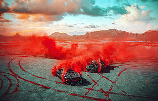 two gray cars, Khyzyl Saleem, car, desert, smoke