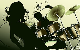 brown drum kit illustration, music, silhouette, artwork HD wallpaper