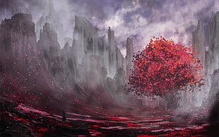 red leafed tree painting, trees, red, fantasy art, landscape HD wallpaper