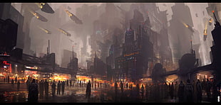 black and brown concrete building painting, science fiction, cyberpunk, fantasy art, cyber HD wallpaper