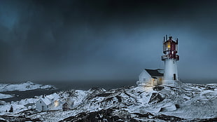 white and black lighthouse, nature, landscape, clouds, trees