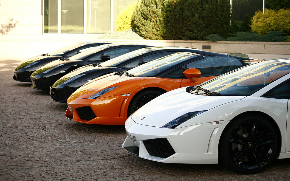 three black super car next to orange Lamborghini Aventador beside white Lamborghini Aventador HD wallpaper