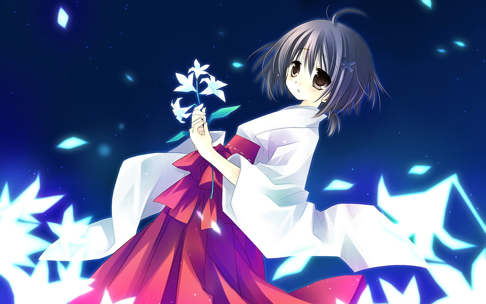short gray hair white and red dress female anime character holding white petaled flower HD wallpaper