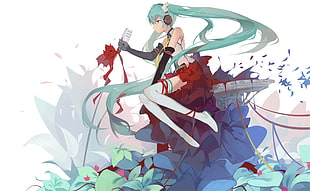 anime character wallpaper, Hatsune Miku, headphones, microphone, Vocaloid