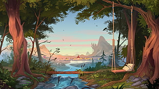 brown swing on tree illustration, artwork, trees, landscape, river HD wallpaper