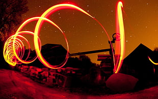 time lapse photo of red light, photography, light painting, spiral HD wallpaper