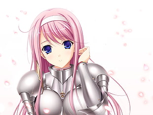 female anime character with pink long hair wearing silver armor suit HD wallpaper