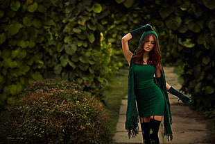 women's green strapless mini dress, women, model, redhead, minidress HD wallpaper