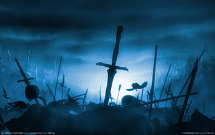 pile of skulls and sword illustration HD wallpaper