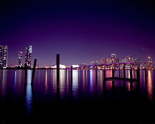 silhouette photo of sea dock, night, cityscape, Miami HD wallpaper