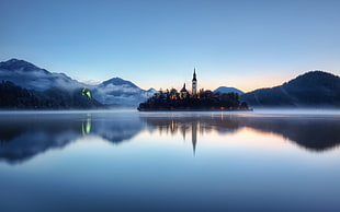 brown and white castle, lake, tower, Slovenia, landscape HD wallpaper