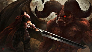 man holding sword facing beast painting, Berserk, Guts, nosferatu zodd, sword HD wallpaper