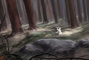 white bunny near field painting, fantasy art, rabbits HD wallpaper