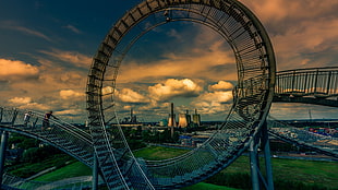 roller coaster track, architecture, city, building, bridge