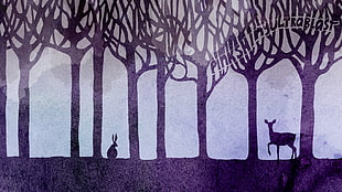 silhouette rabbit and deer painting, PinkShinyUltraBlast, animals, purple, forest HD wallpaper