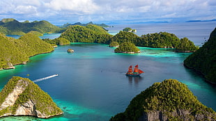 green mountains under white cloudy sky, island, sea, boat, mountains