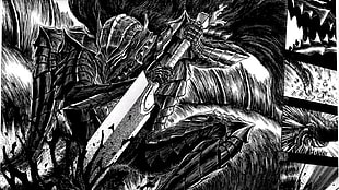 black and white illustration, manga, Bersek, Guts HD wallpaper