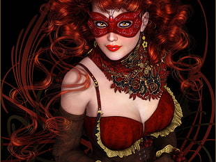 woman wearing red masquerade mask and sweetheart neckline top graphic artwork HD wallpaper
