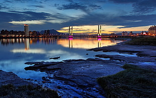 grey cable bridge, bridge, cityscape, sky, water HD wallpaper