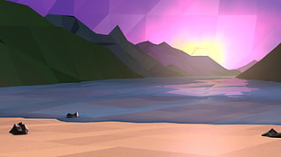 clear blue sea beside mountain wallpaper, low poly, digital art